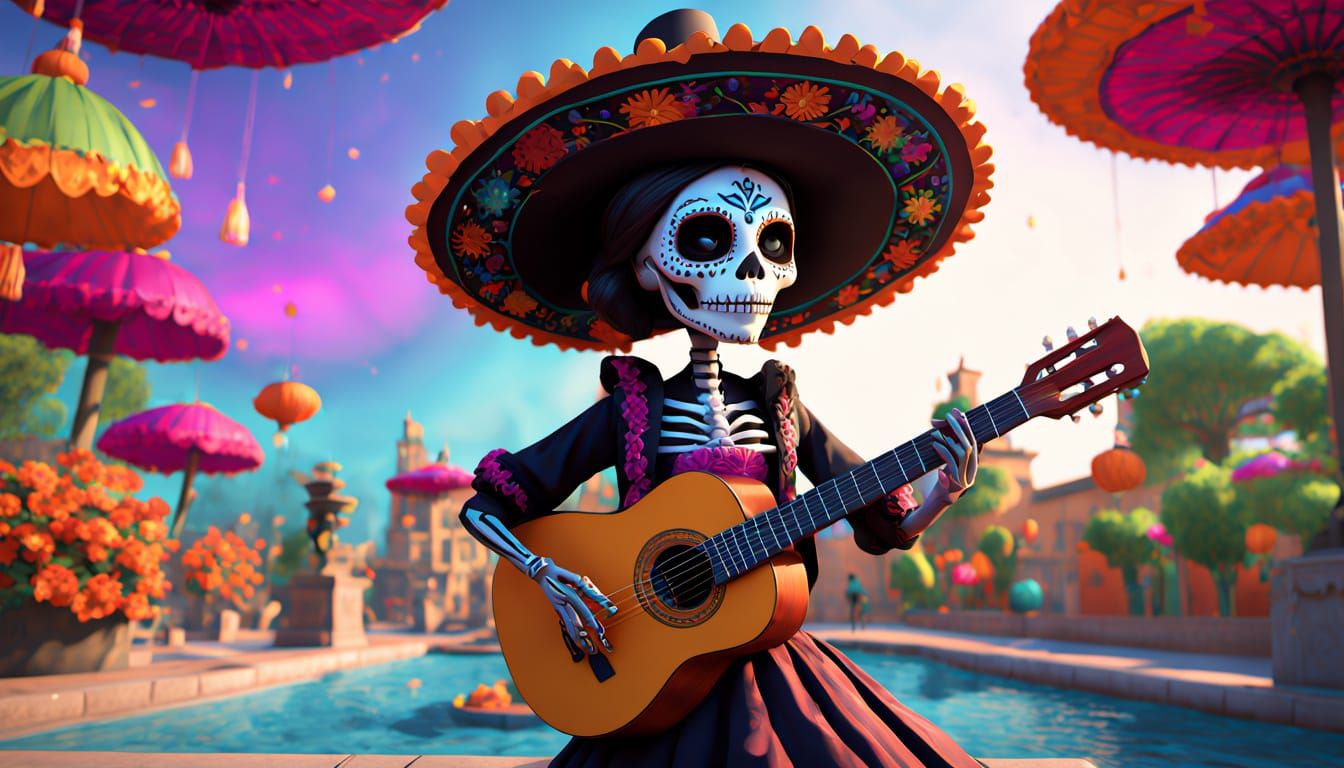 Calavera Catrina Plays Guitar: Vibrant Pixar-Style 3D Art