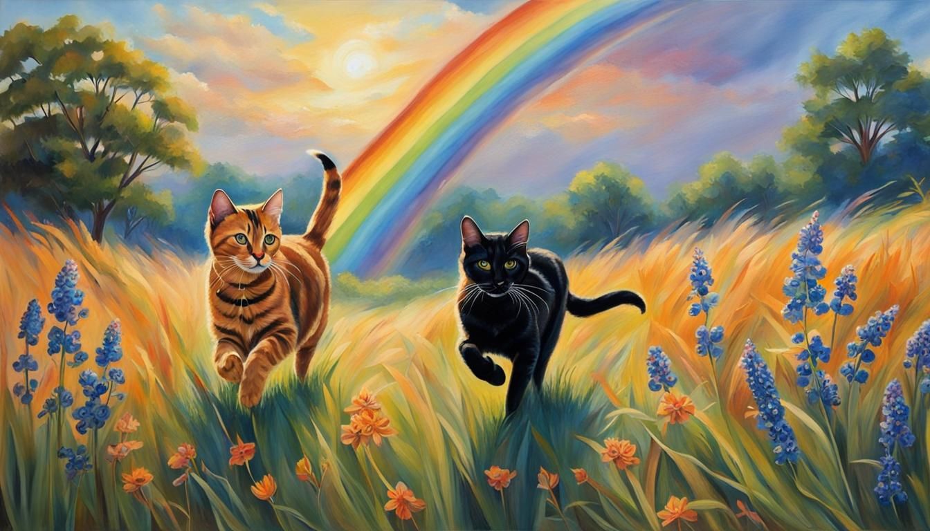 Romantic Realism Painting of Bengal Cats in a Sunlit Meadow