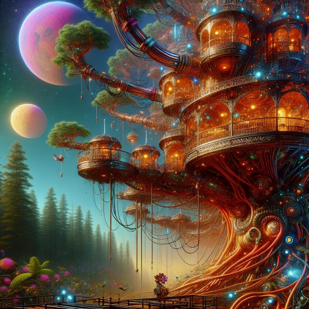 Retrofuturist Treehouse Amidst Vibrant Moons and Exotic Fore...