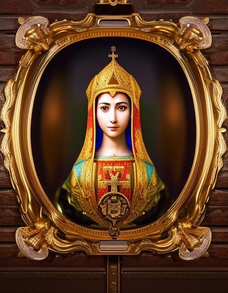 Ethereal Holy Woman Radiates Energy in Ornate Wooden Frame,...