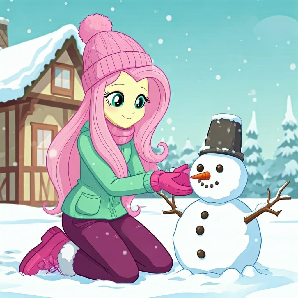 Human Fluttershy Builds Snowman on Winter Wonderland Day