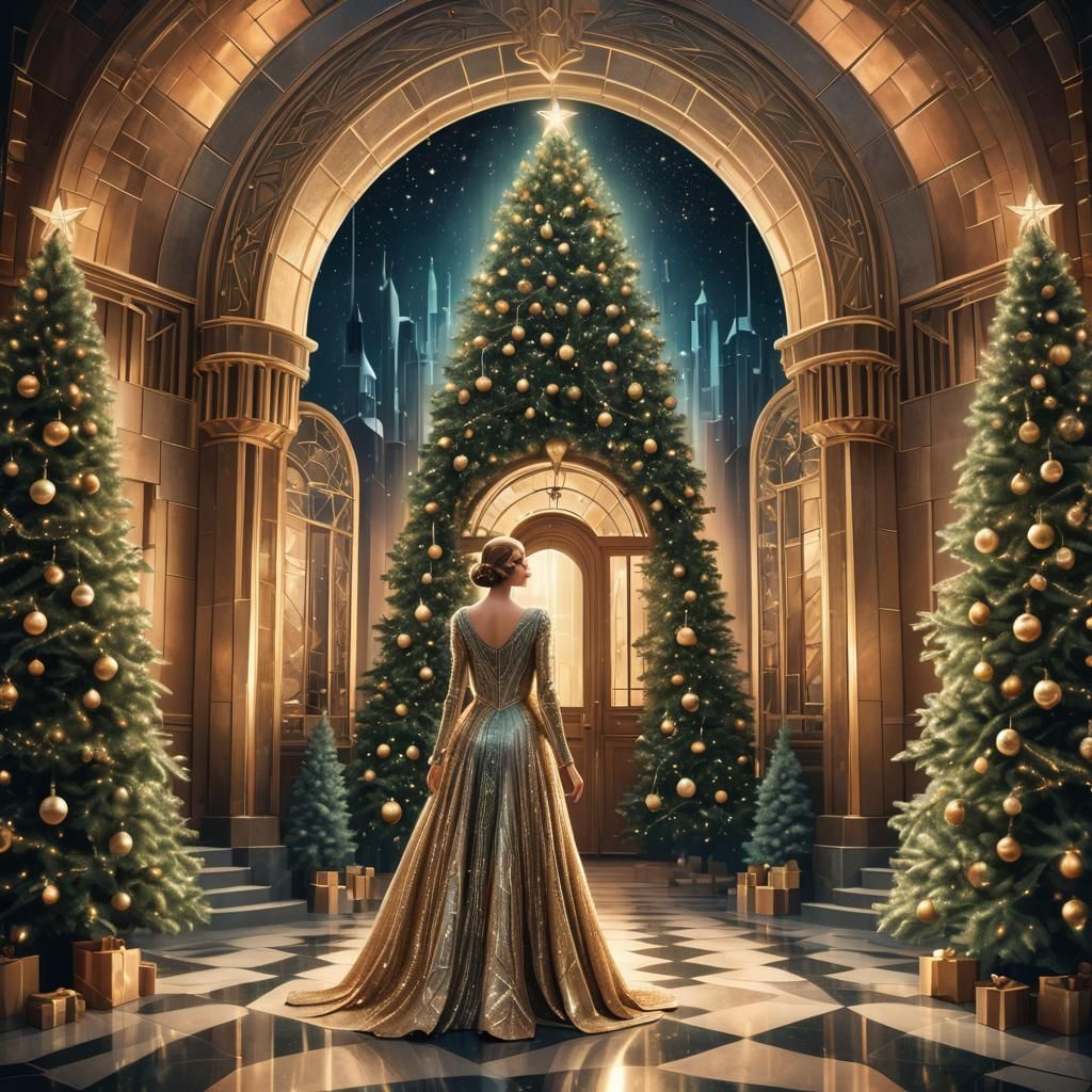 Glamorous Art Deco Christmas Scene in a Majestic Castle