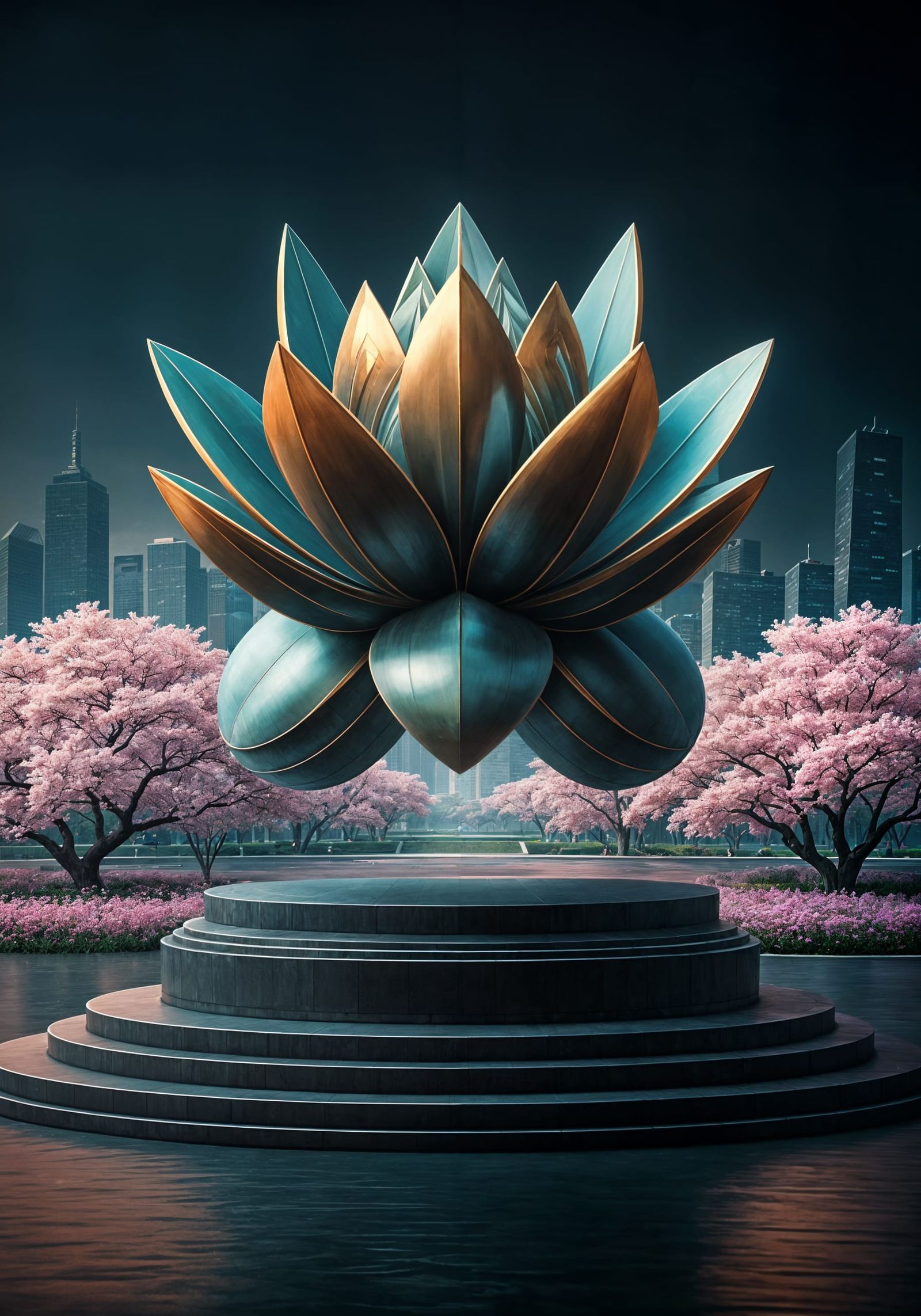 Infinite Cubic Hexagon Lotus Blooms in Futuristic Cityscape