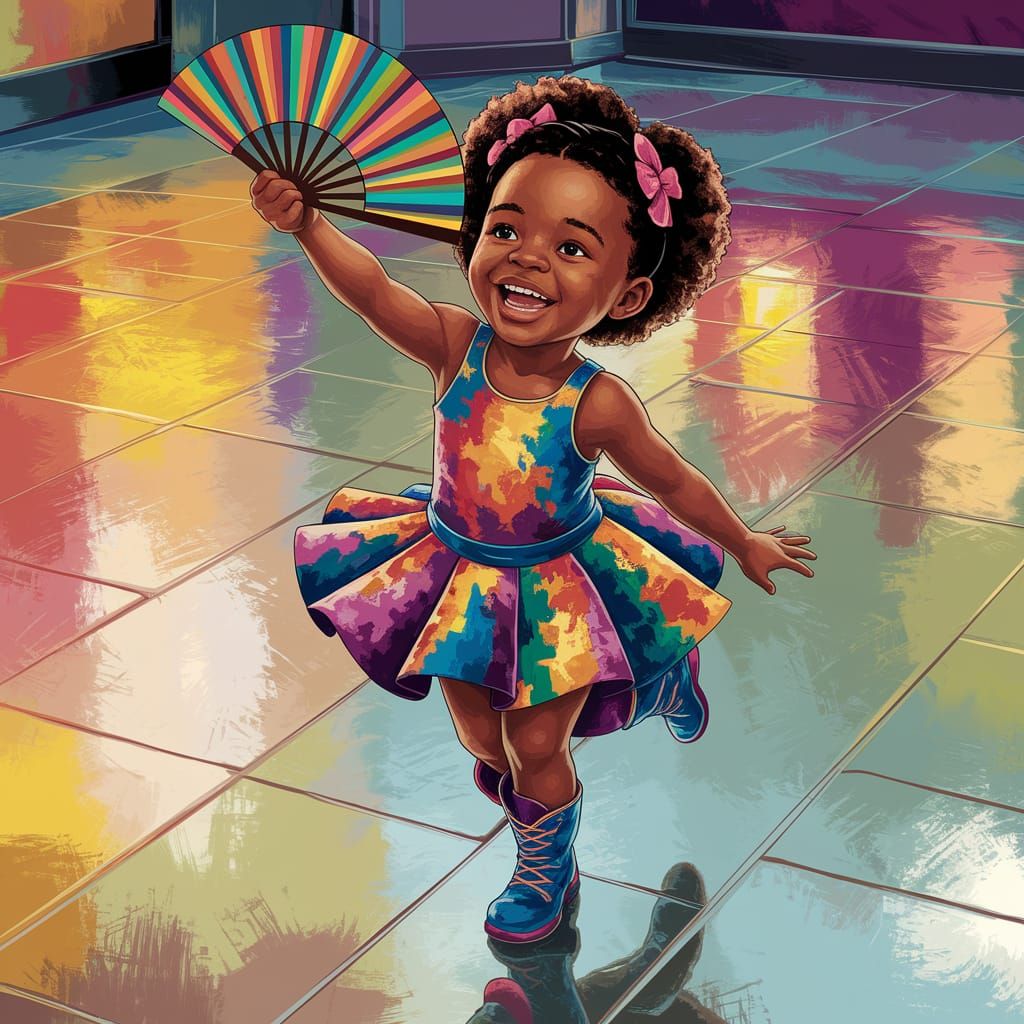 Radiant Black Child Dancing with Fan in Pixar Style