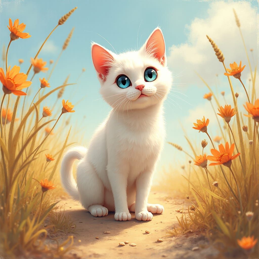Whimsical White Cat in Sunlit Wildflowers