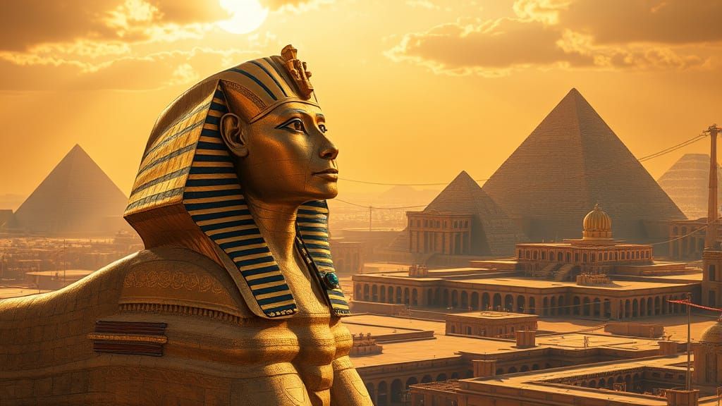 Egyptian Sphinx with Gold Jewelry in Hyperrealistic Style