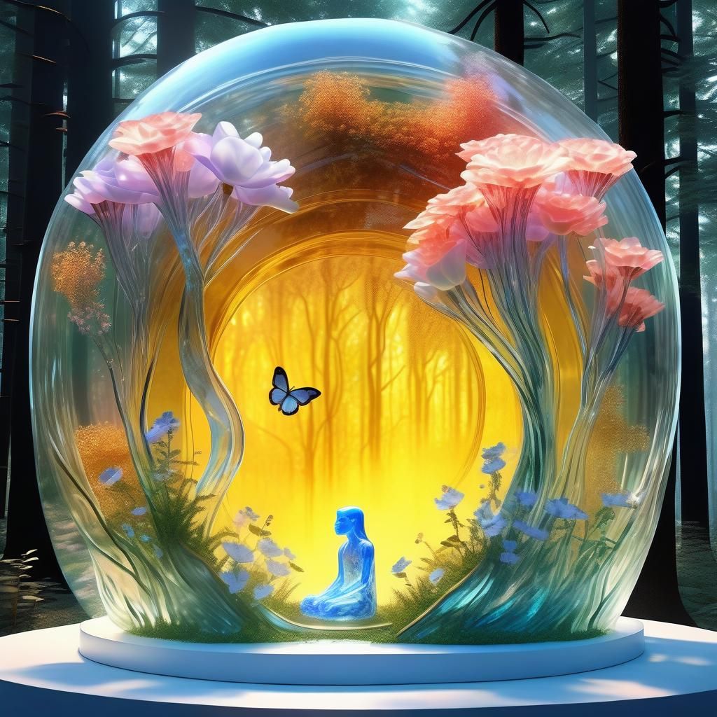 Ethereal Glass Being Amidst Vibrant Floral Forest
