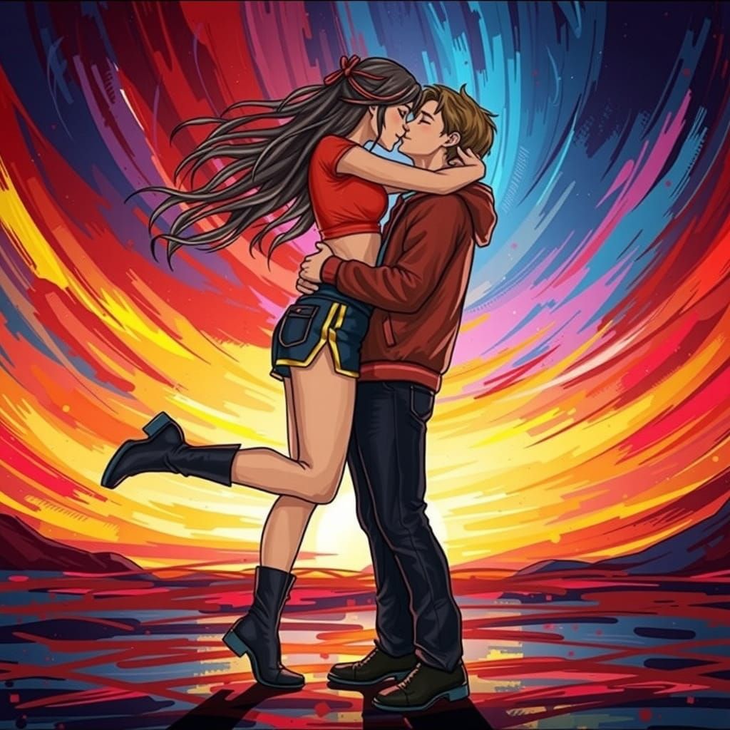 Passionate Embrace in Digital Painting Style