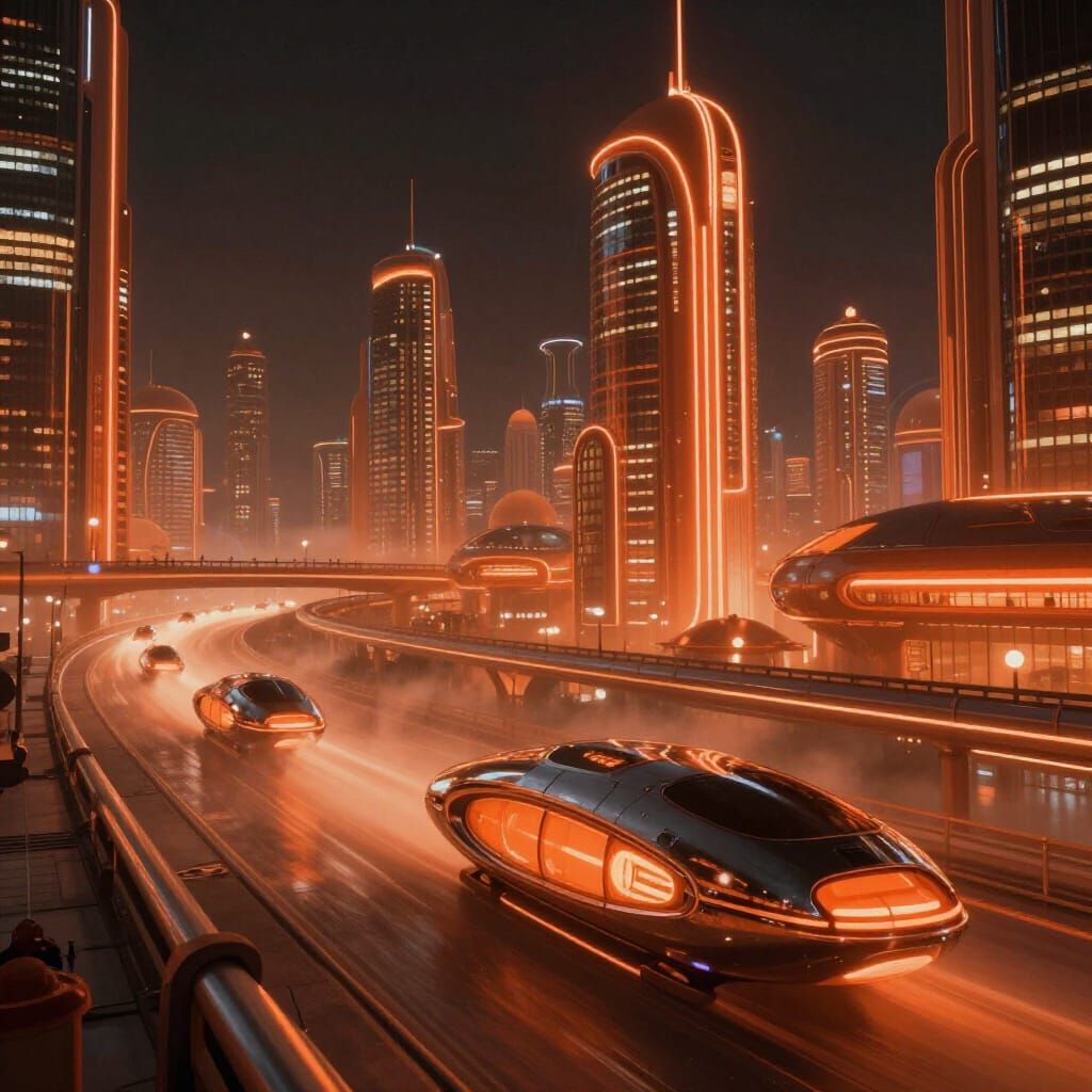 Retro-Futuristic Cityscape in Neon Orange Glow