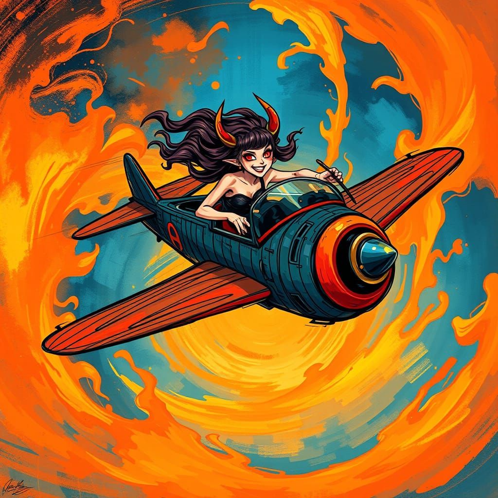 Surreal Hell Girl Conquers Fiery Skies on a Dynamic Airplane