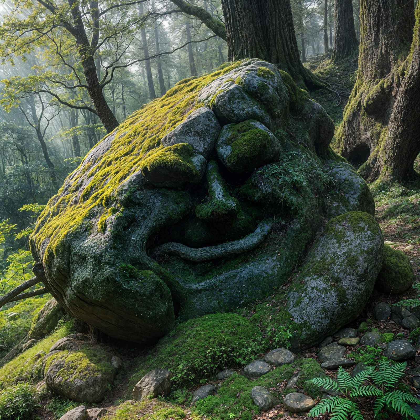 Weathered Boulder with Expressive Face in Misty Forest