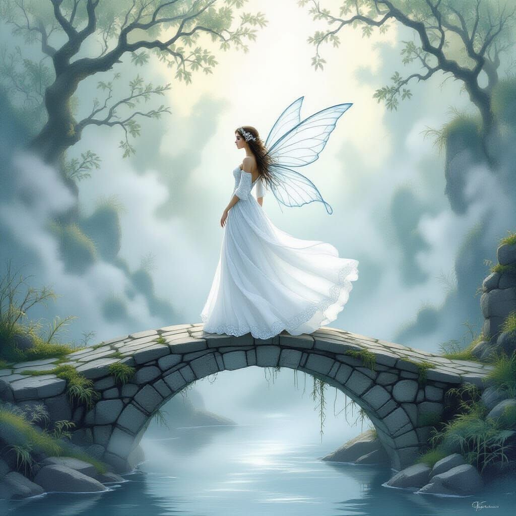 Ethereal Fairy on Stone Bridge in Fog