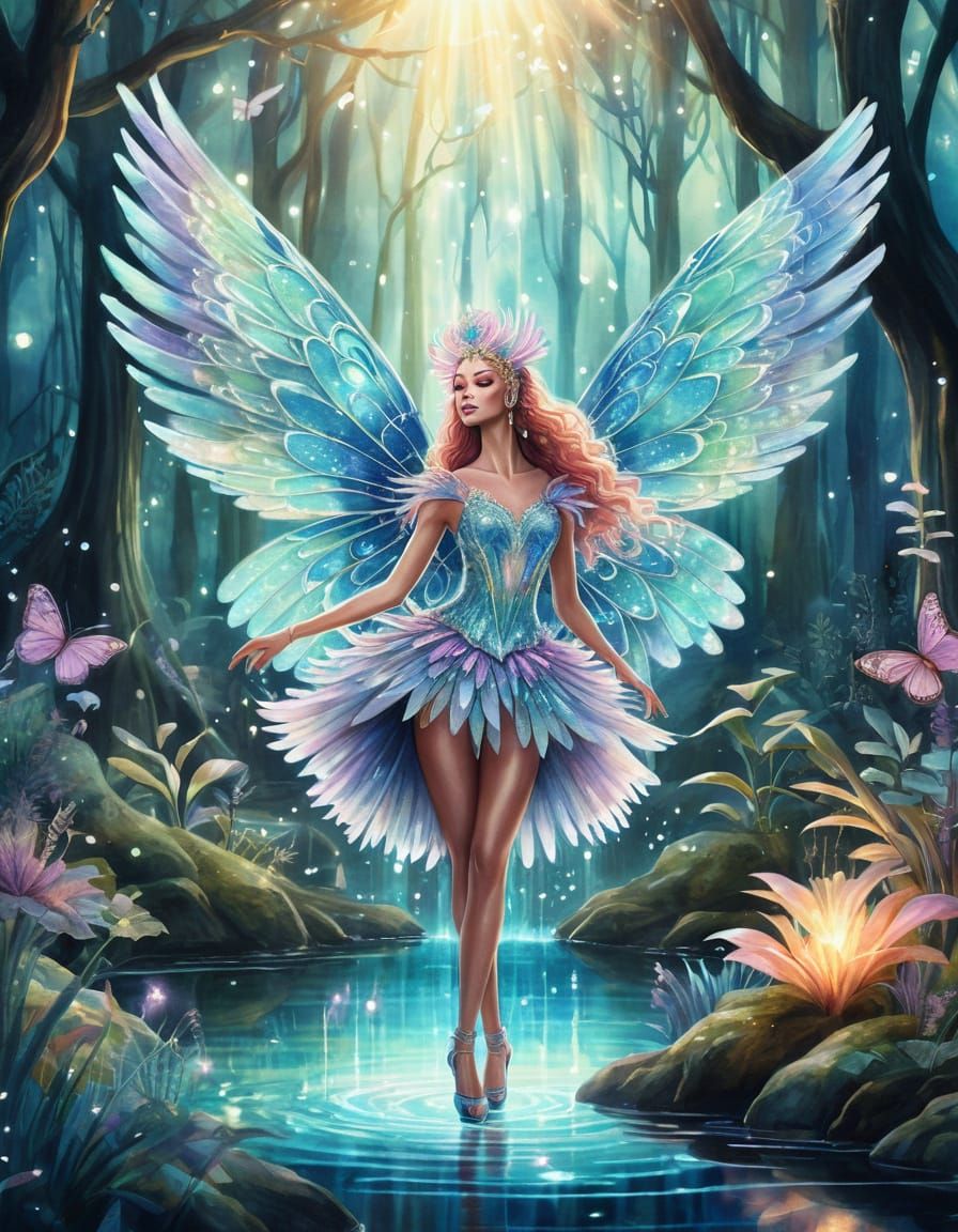 Fantasy Showgirl Dances in Enchanted Forest Watercolor