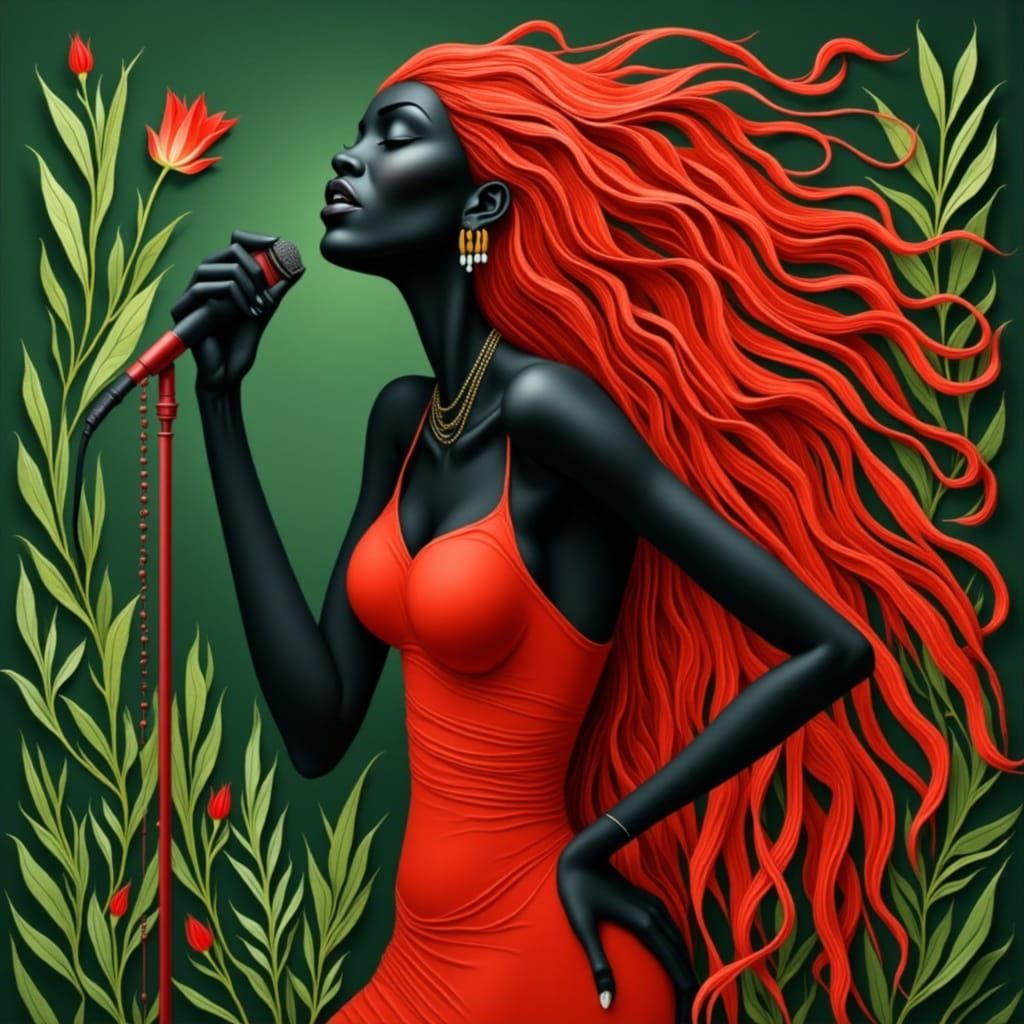 Red-Haired Singer in Paper Cut Style