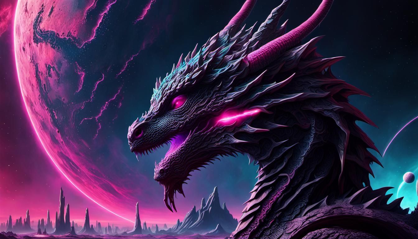 Ethereal Cosmic Dragon Soars Above a Dark Nebula Planet