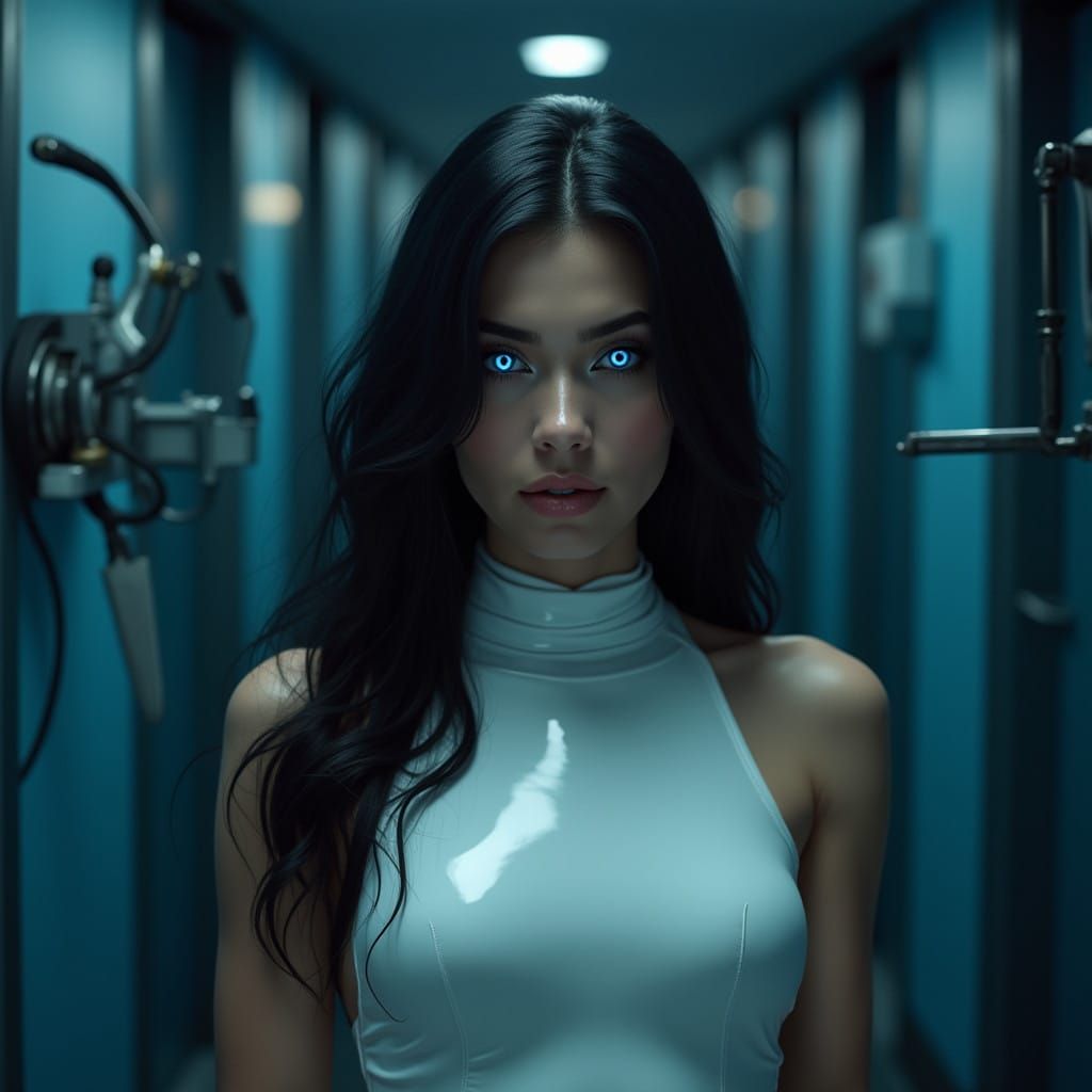 Enigmatic Woman Emerges from Shadows with Hypnotic Gaze