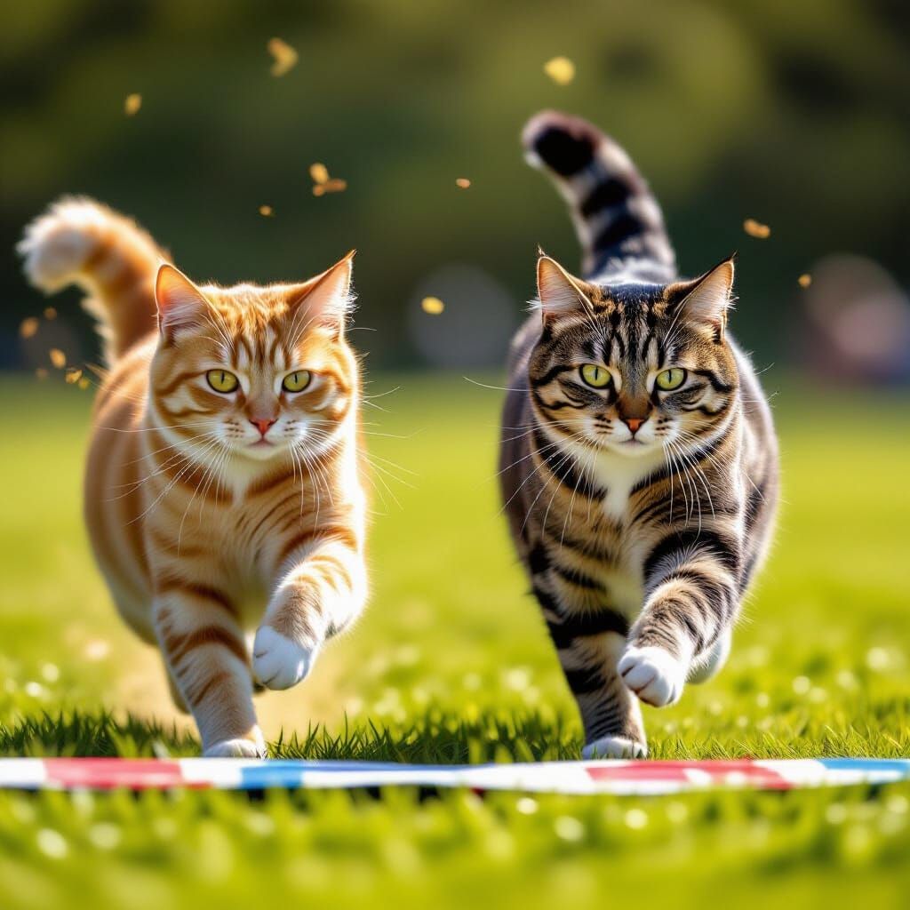 Photorealistic Cats Race: Tabby Wins, Yellow Overtakes