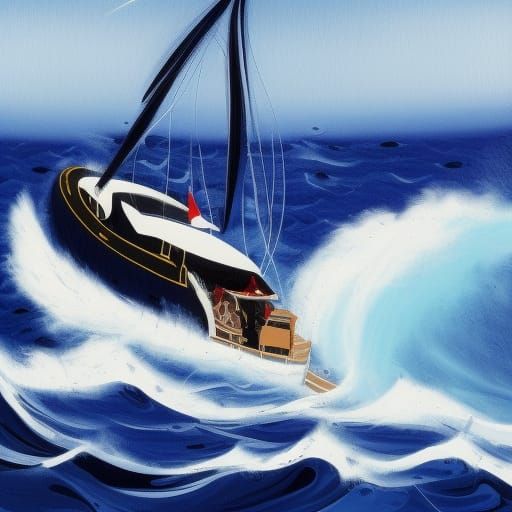 Luxury Yacht in Storm, Miro-Inspired Painting