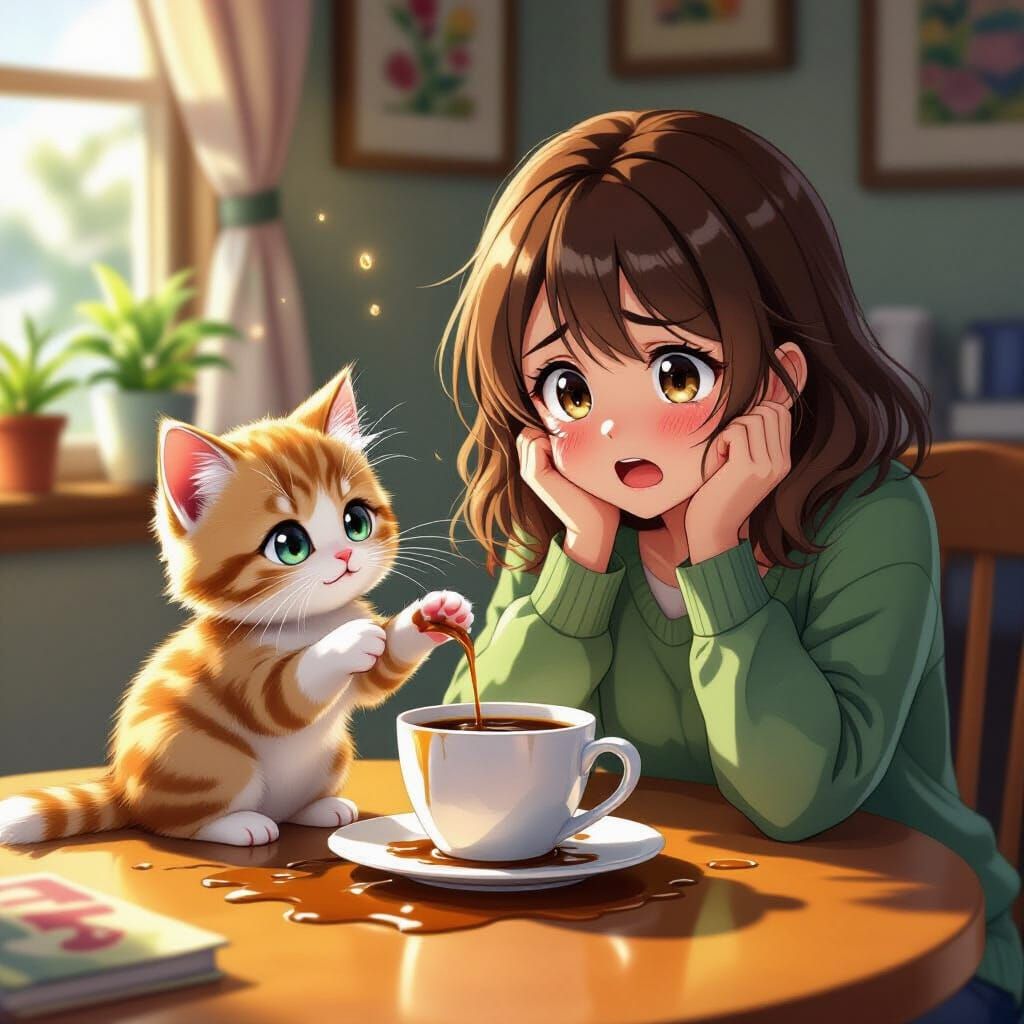 Mischievous Kitten's Coffee Catastrophe in Anime Style