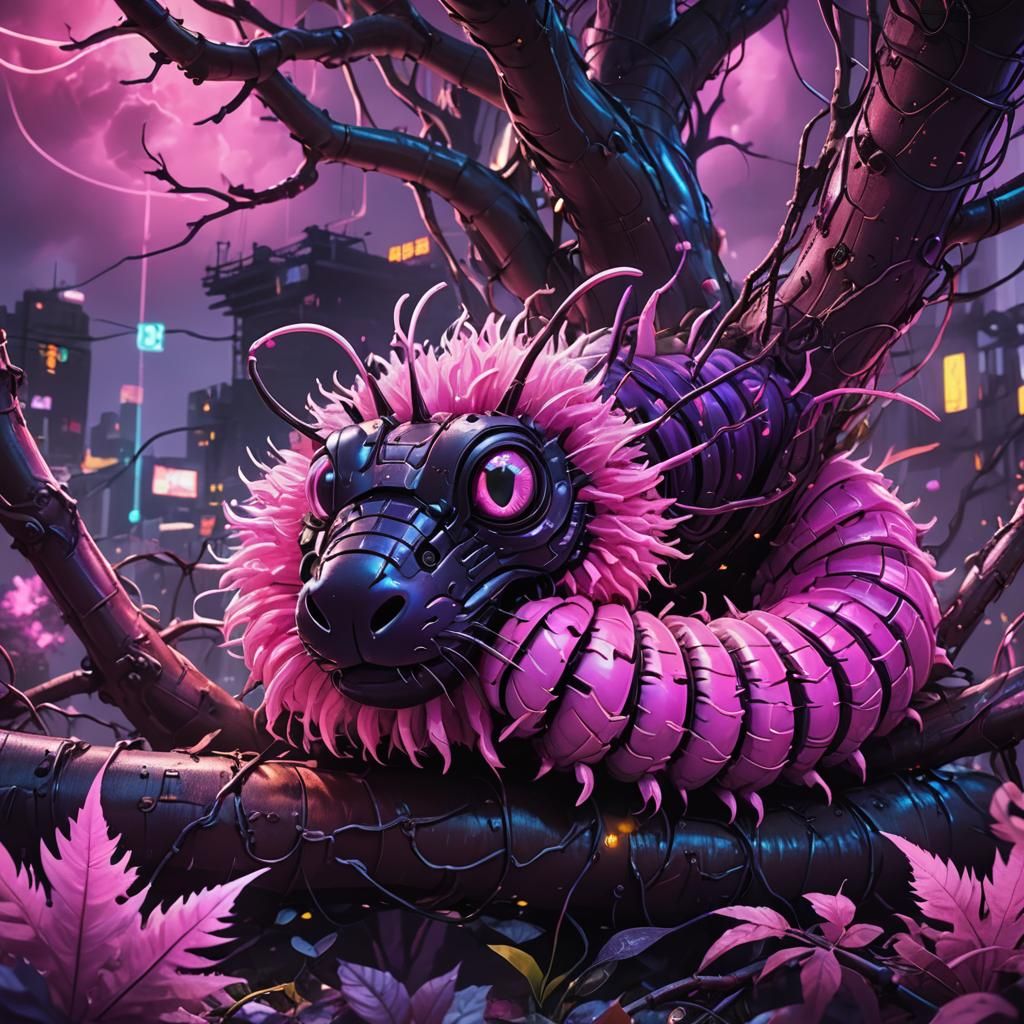 Cyberpunk Caterpillar Emerges from Neon Clouds in Hyper-Real...