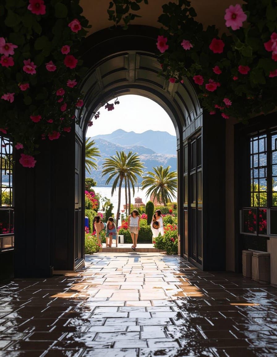 Mediterranean Garden View Through Arched Doorway