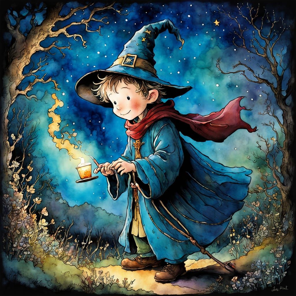 Whimsical Boy Wizard with Magical Light