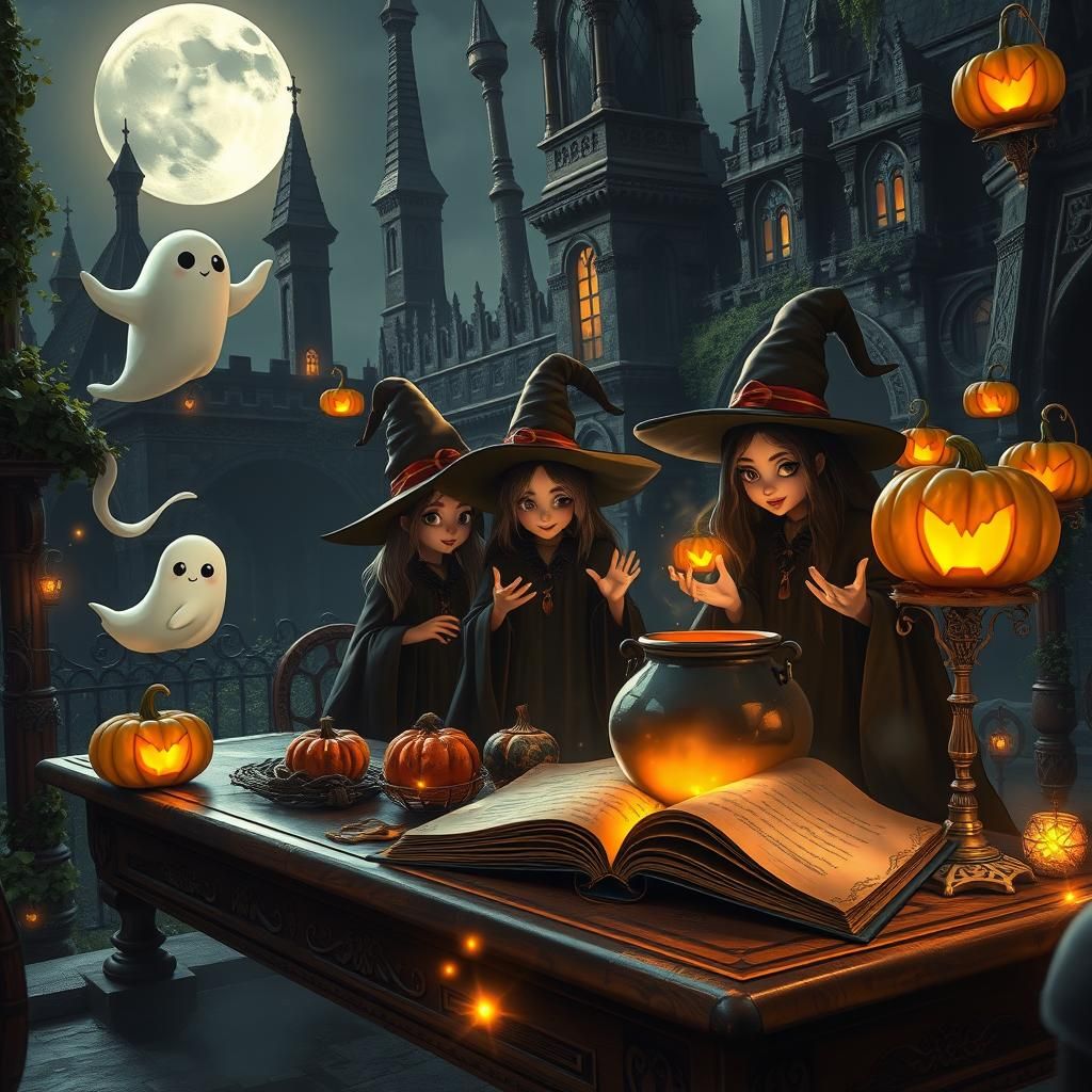 Mysterious Gothic Castle Scene with Ghost and Witches