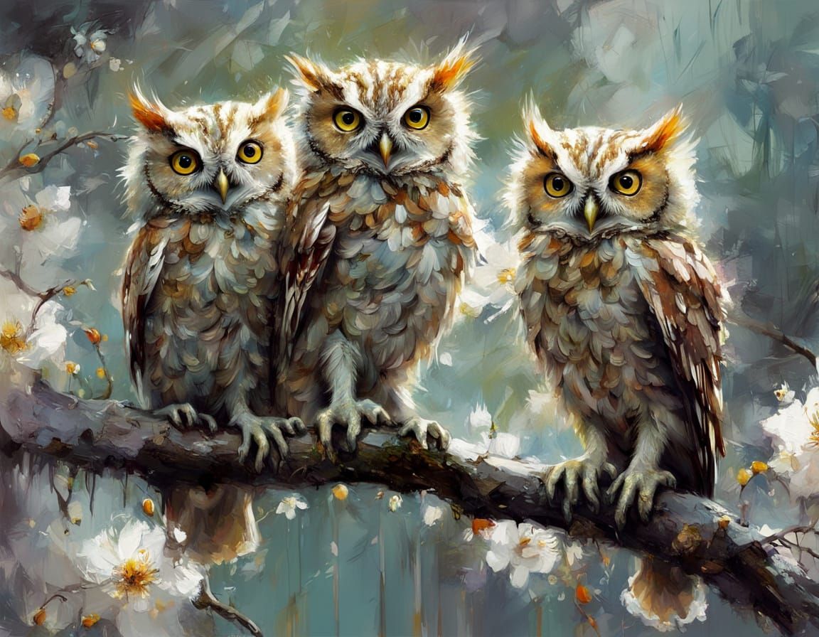 Whimsical Baby Owls in a Blossoming Pussywillow Tree