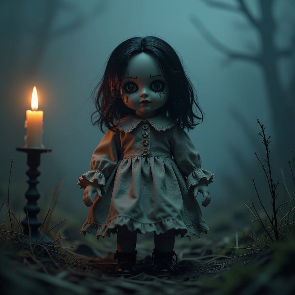 Ominous Dark Labubu Doll in Junji Ito Style