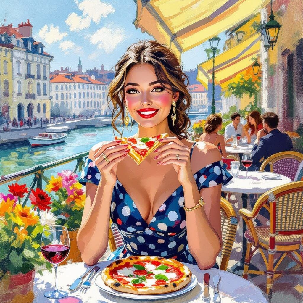 Elegant Woman Enjoys Pizza: Impressionistic Style
