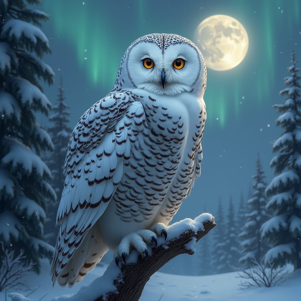 Snowy Owl Perched on Snowy Branch in Digital Painting Style