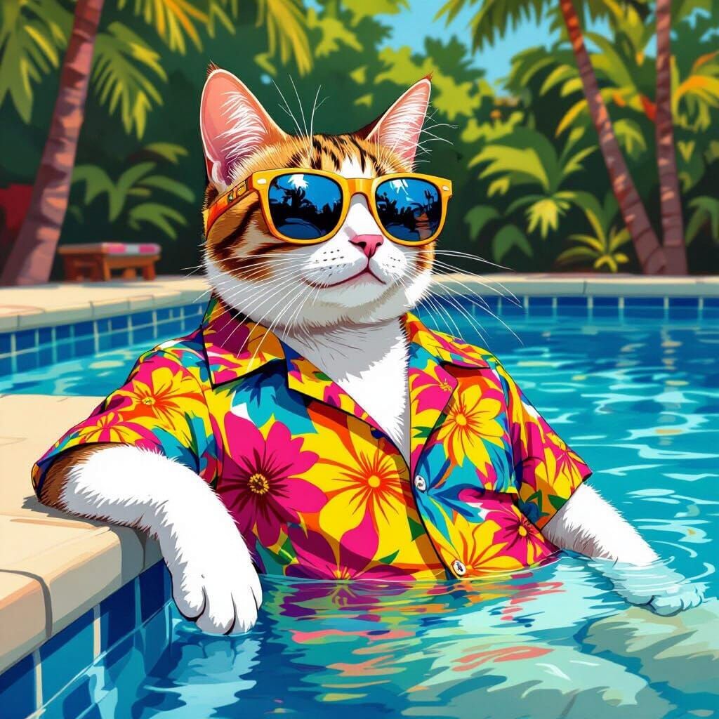 Cat Lounging Poolside in Pop Surrealist Style