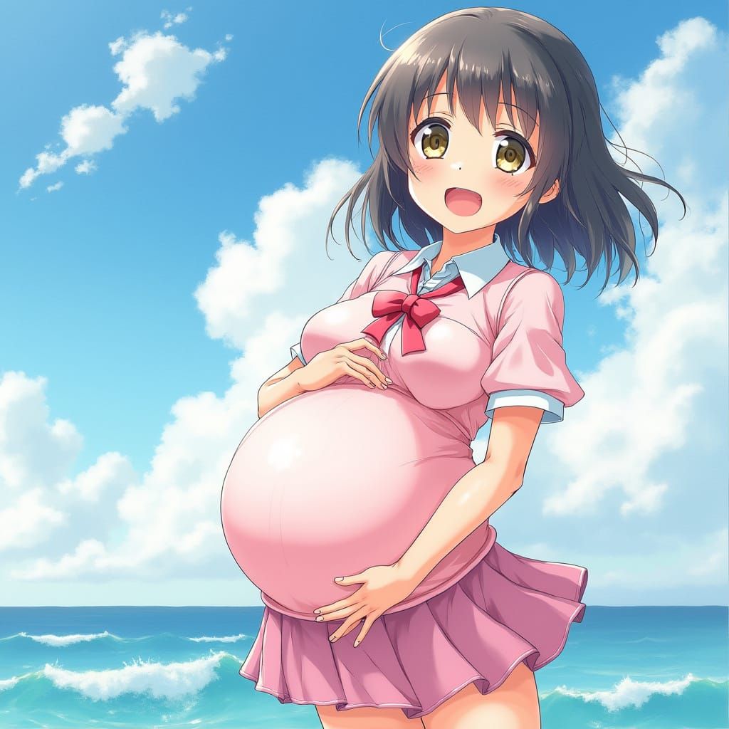 Anime Girl with Helium Belly, Whimsical Dreamlike Style