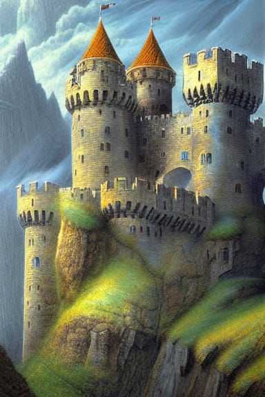 Medieval Ivory Castle Fortress Amidst Snowy Mountains