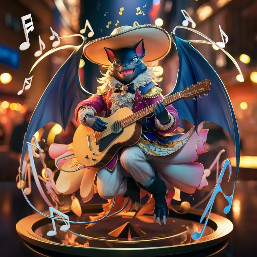 Cel-Shaded Anime Bat Bard in Dynamic Cityscape