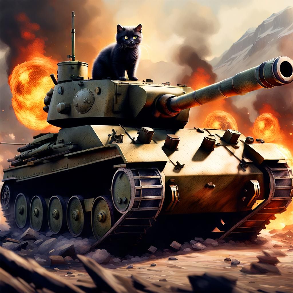 An ultra-realistic, battle-hardened kitty, with fur singed by flames and a determined glint in its eyes, stands atop a m...