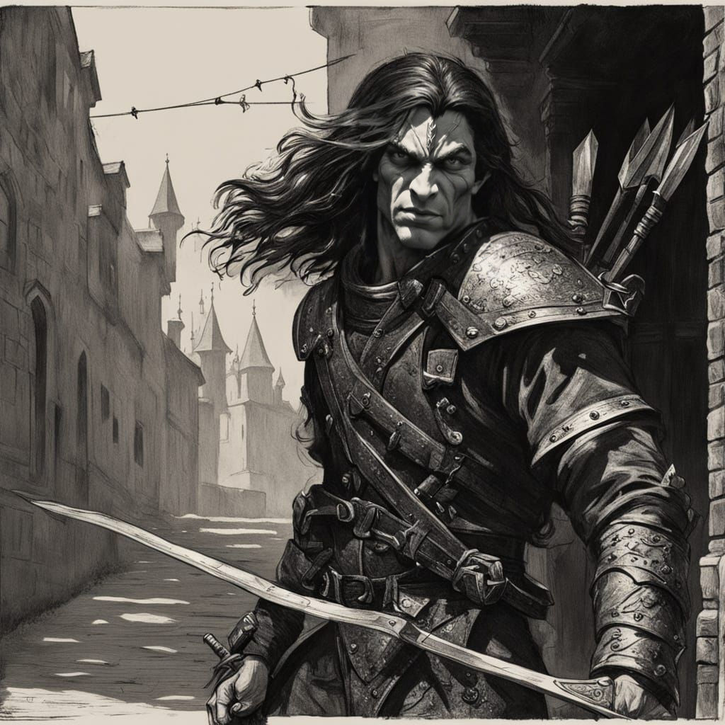 Dark Fantasy Half Elf Rogue in Stealthy Pursuit