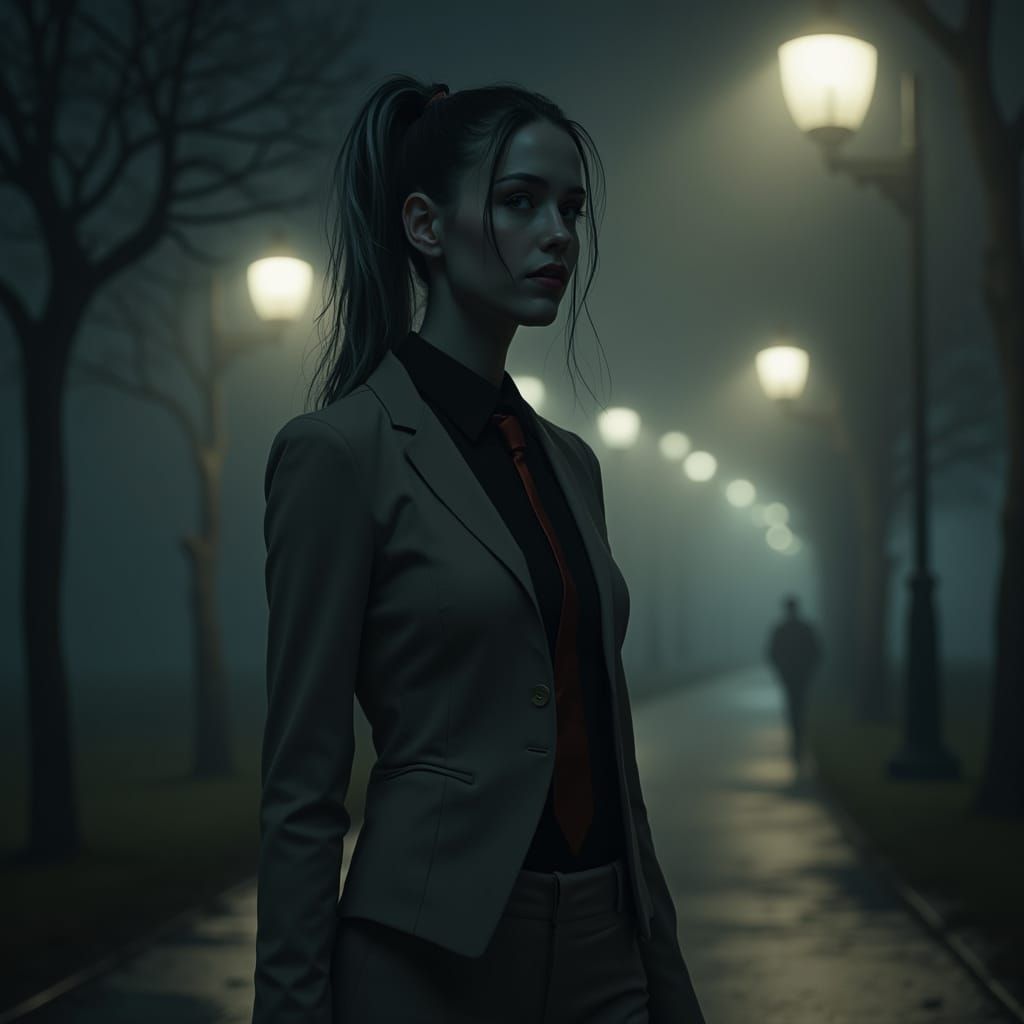 Woman in Business Suit in Foggy Park at Midnight