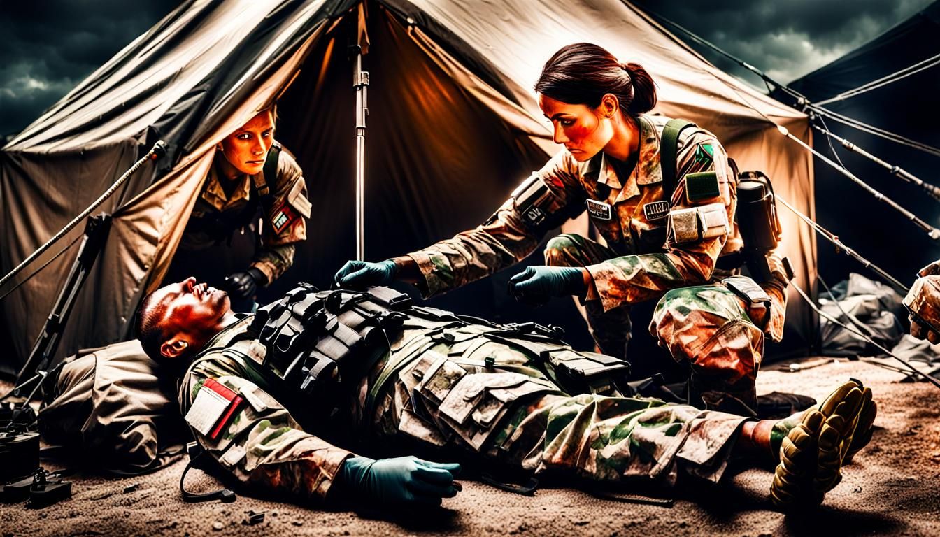 Hyperrealistic Female Combat Medic in a Medical Tent