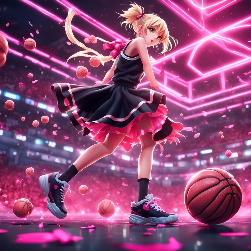 Blonde Anime Girl Dunking Basketball in Fantastical Setting