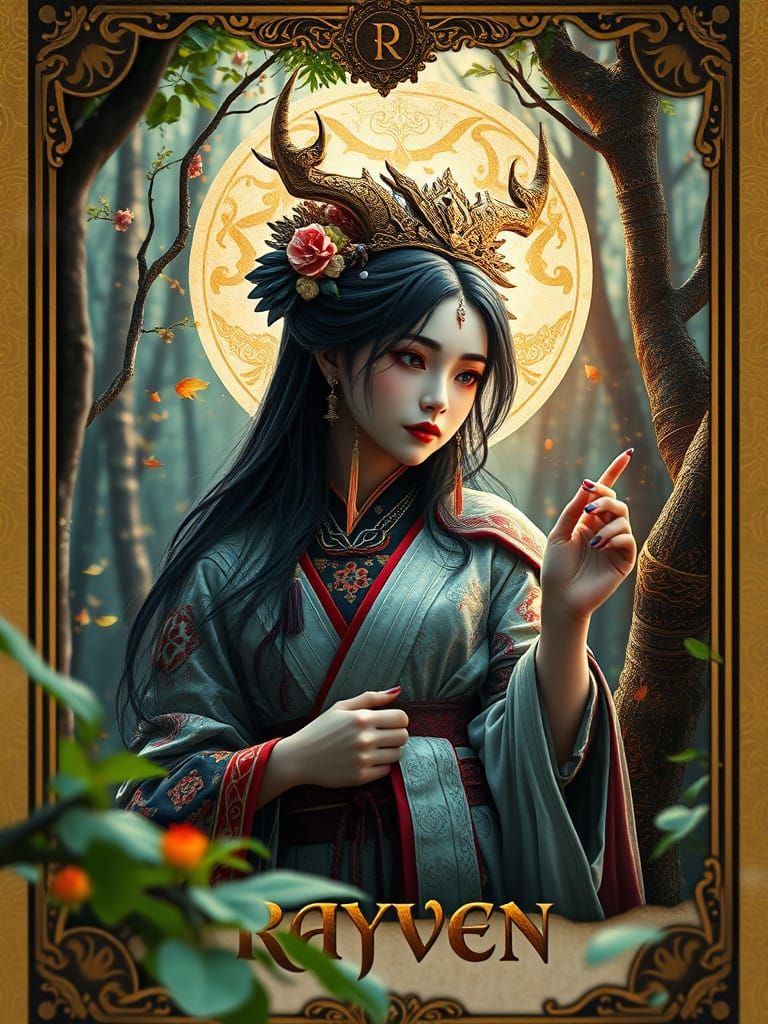 Elegant Fantasy Warrior Emerges from Enchanted Tarot Card