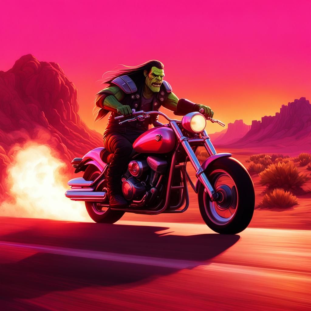 Orc Riding a Cherry Red Motorcycle in a Desert Sunset