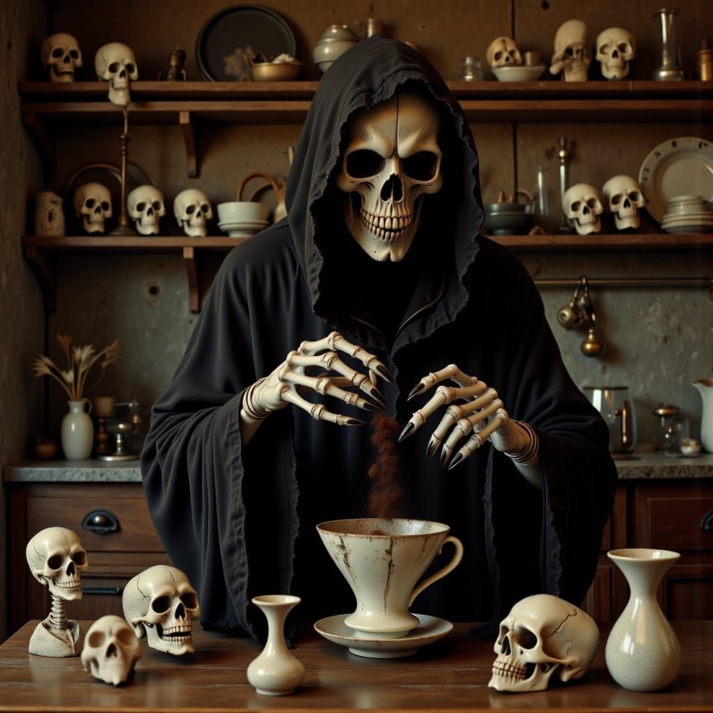 Grim Reaper Brews Coffee in Haunted Kitchen