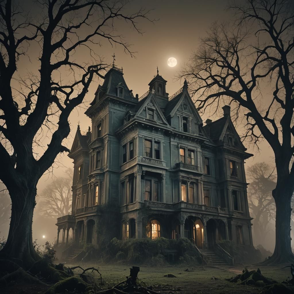 Eerie Abandoned Mansion at Midnight, in Cinematic Film Style