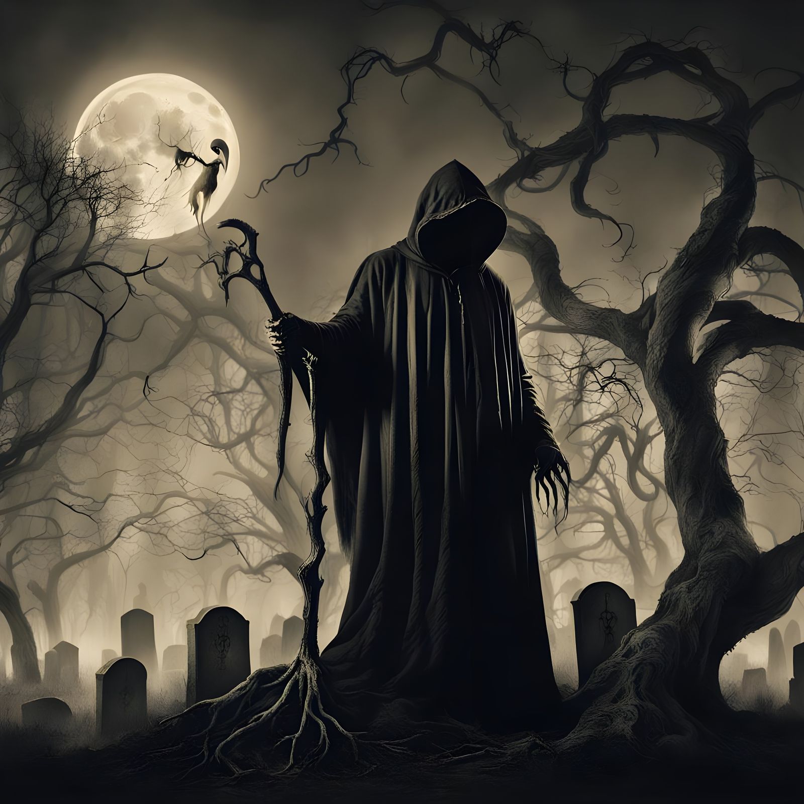 Grim Reaper in a Sepia Graveyard Scene