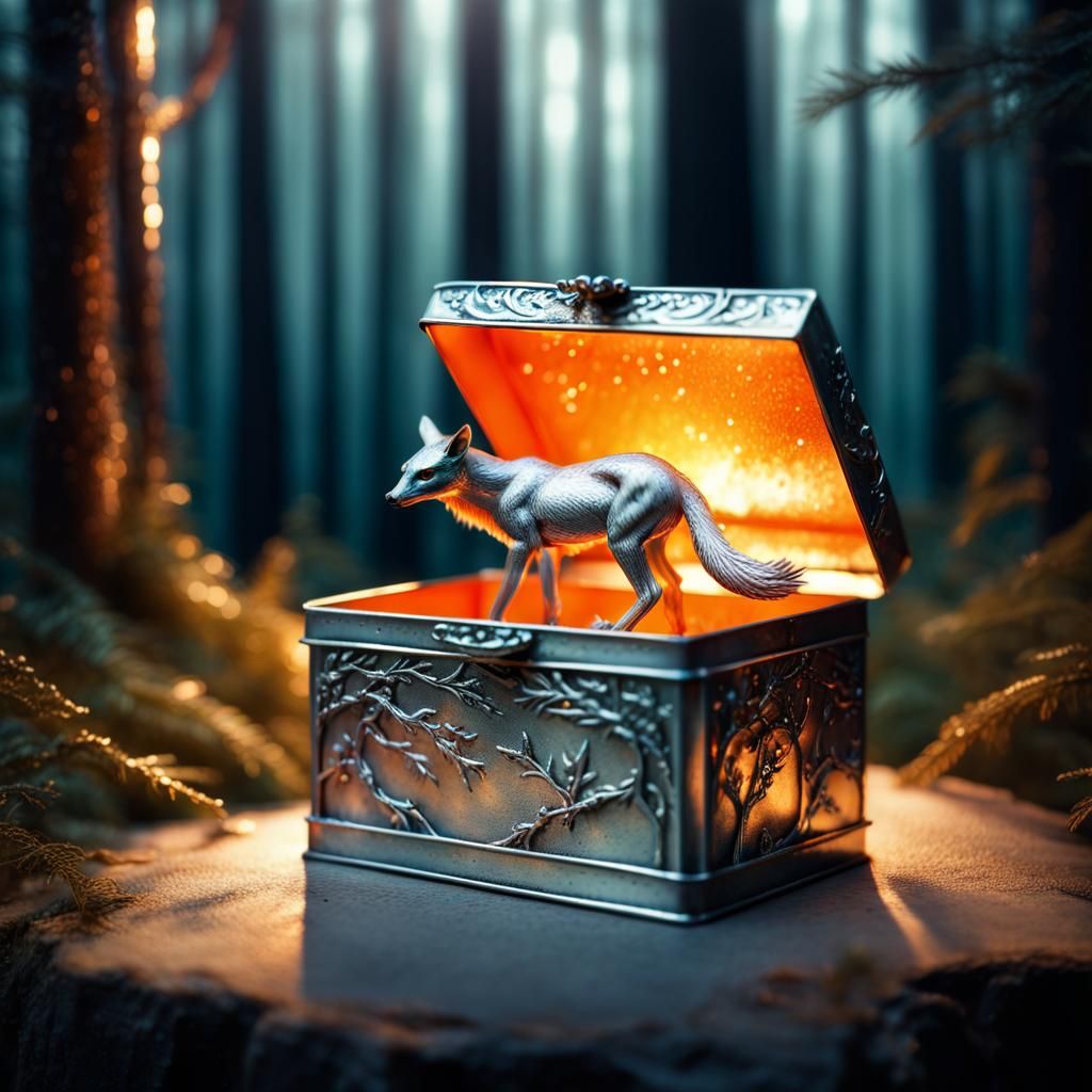 blurry forest backdrop, slightly open lid with orange light from inside box, shiny metal box, fantasy animal, with silve...