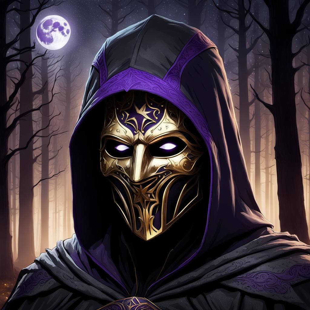 Mysterious Figure in Dark Fantasy Woodscape, Under Golden Mo...