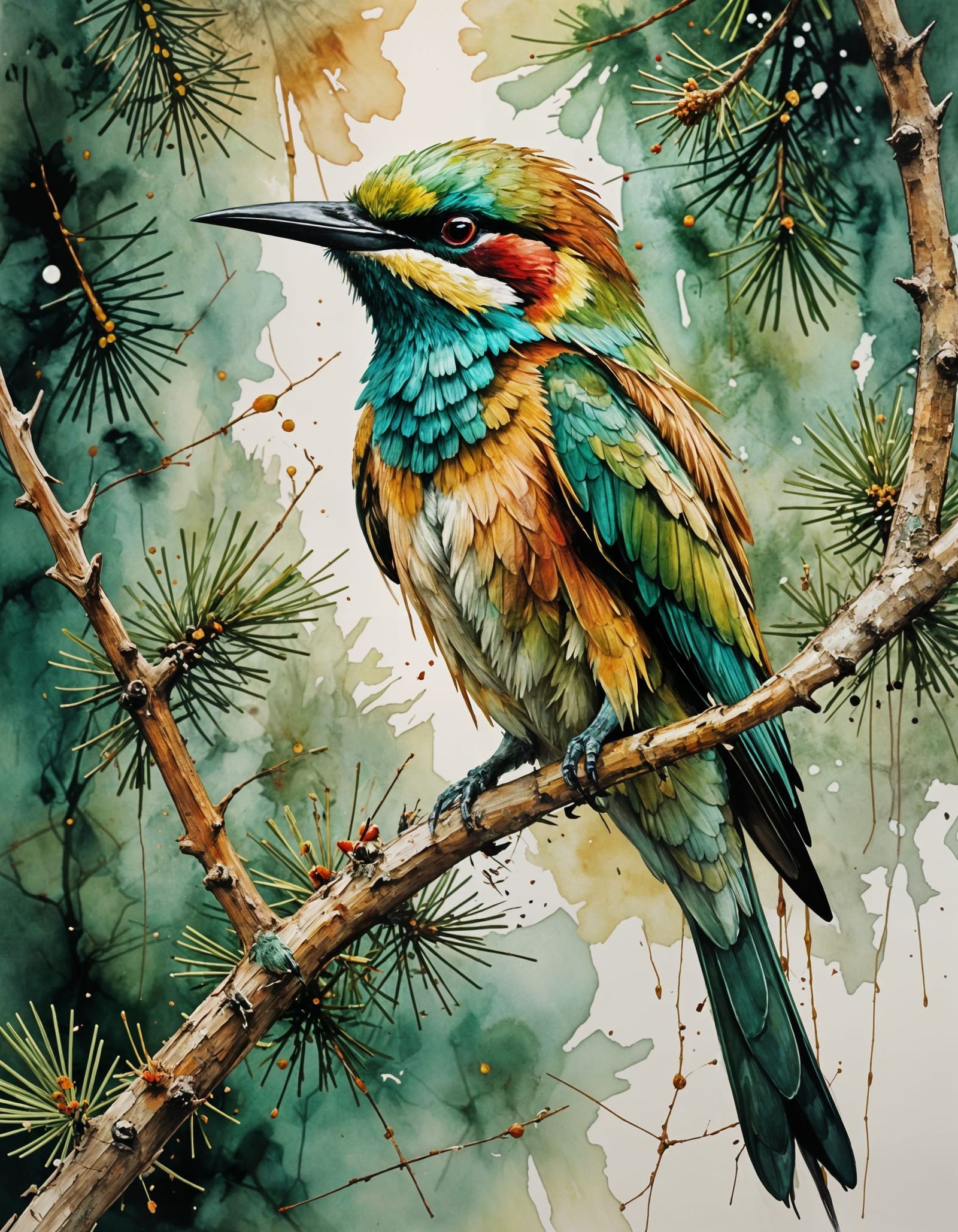 Bee-eater on Spruce Branch: Minimalist Surreal Artwork