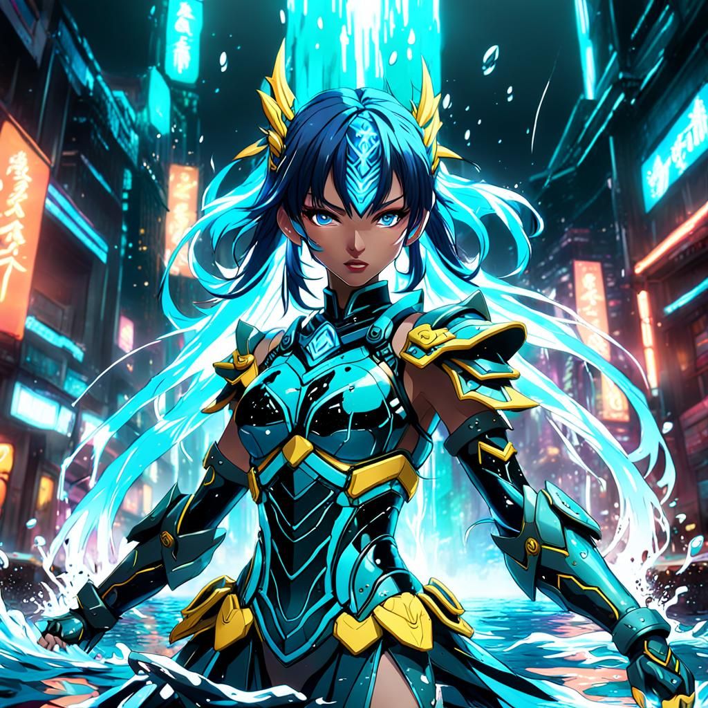 Vibrant Neon Warrior Goddess in a Splash of Water