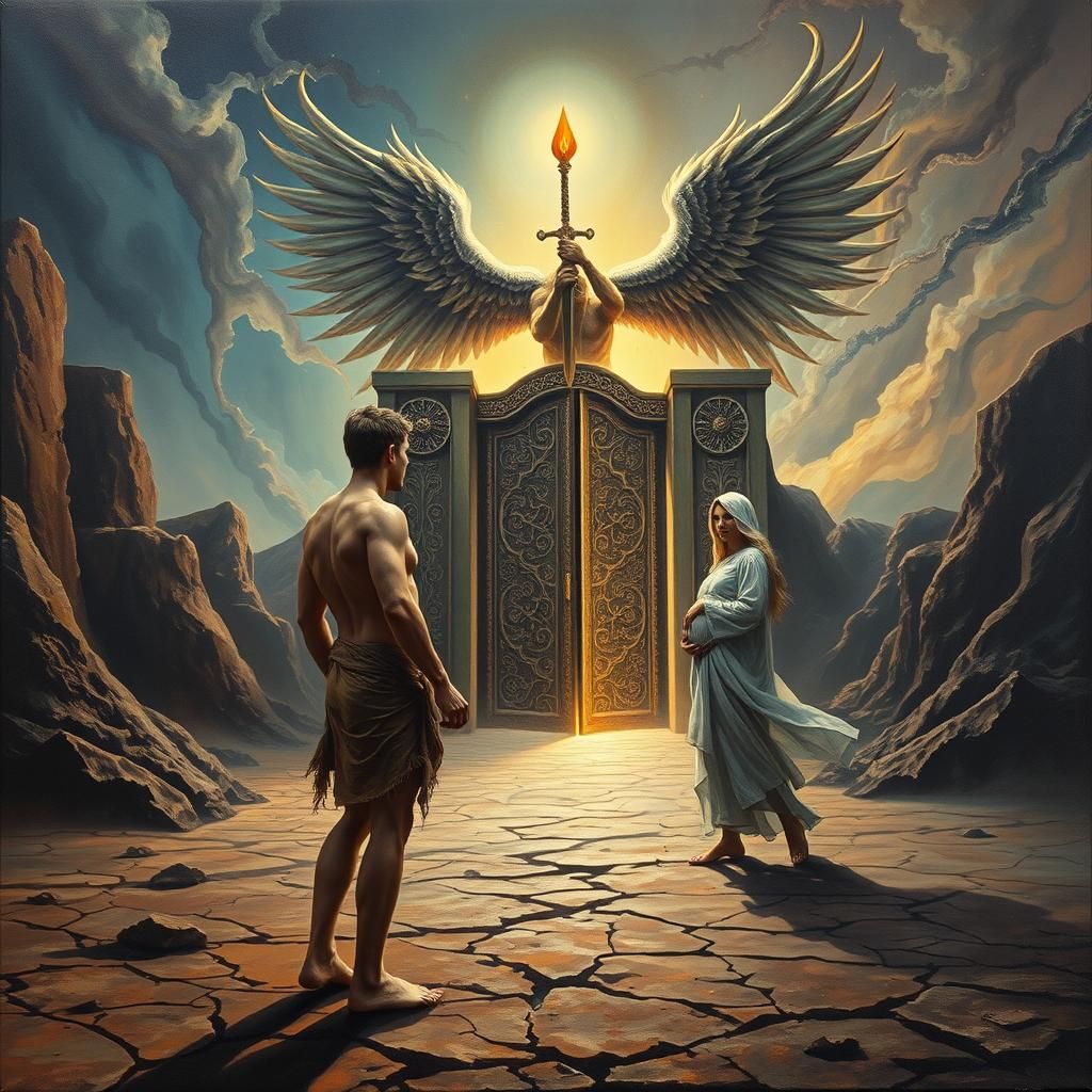 Tormented Adam and Eve Confront the Sealed Gate of Eden